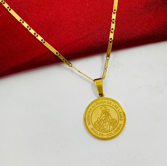 DUO ACERO INOXIDABLE MEDALLA VIRGEN DORADO