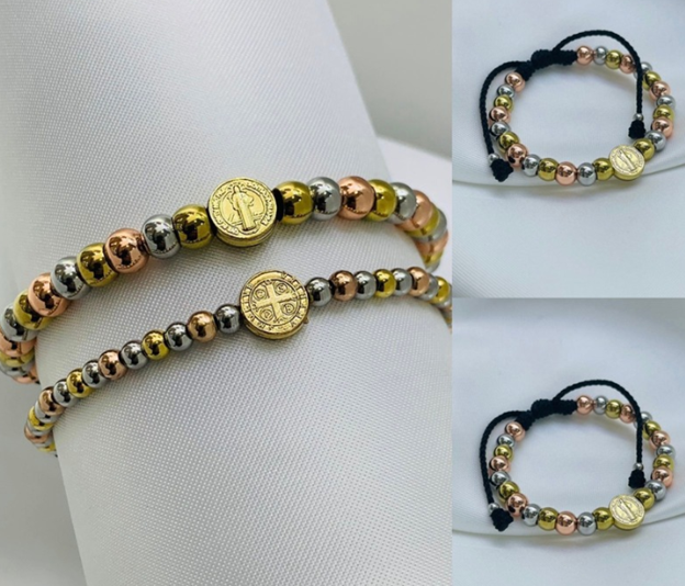 PULSERA ACERO INOXIDABLE 3 OROS MEDALLA SAN BENITO