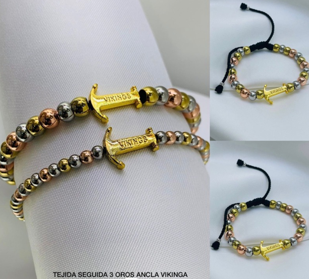 PULSERA ACERO INOXIDABLE 3 OROS ANCLA