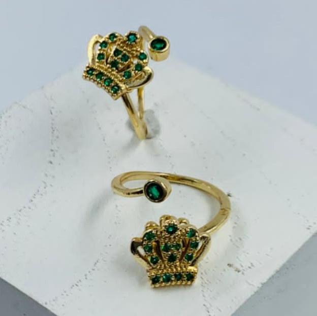 ANILLO RODIO GIRATORIO CORONA CIRCON VERDE DORADO