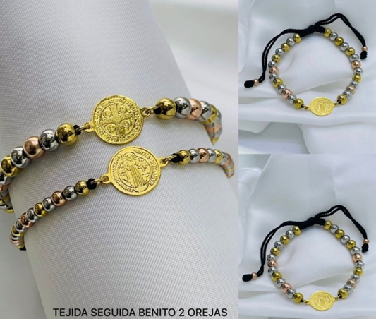 PULSERA ACERO INOXIDABLE 3 OROS MEDALLA SAN BENITO