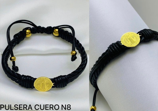 PULSERA CUERO ACERO INOXIDABLE MEDALLA SAN BENITO