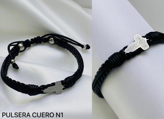 PULSERA CUERO ACERO INOXIDABLE CRUZ