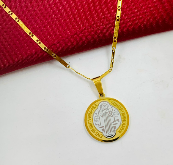 DUO ACERO INOXIDABLE MEDALLA SAN BENITO DORADO PLATEADO