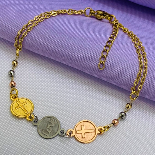PULSERA ACERO INOXIDABLE CRUZ 3 OROS