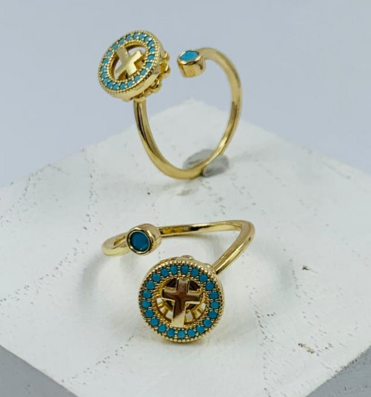 ANILLO RODIO GIRATORIO CRUZ CIRCULAR CIRCON AZUL DORADO