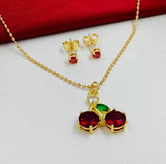JUEGO RODIO CEREZA CIRCONES ROJO Y VERDE DORADO