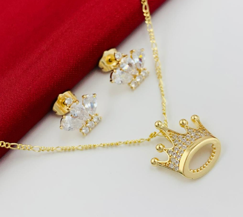 JUEGO RODIO CORONA CIRCONES PEQUES DORADO