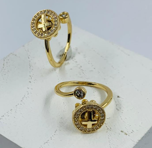 ANILLO RODIO GIRATORIO CRUZ CIRCULAR CIRCON BLANCO DORADO