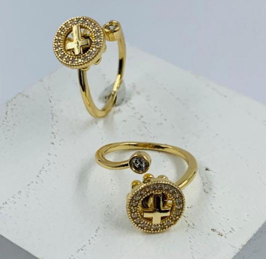 ANILLO RODIO GIRATORIO CRUZ CIRCULAR CIRCON BLANCO DORADO