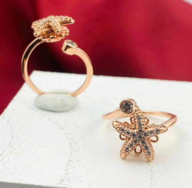 ANILLO RODIO GIRATORIO ESTRELLA MAR CIRCON BLANCO ROSA