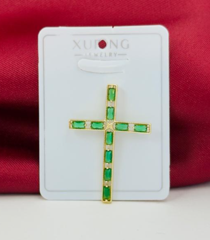 DIJE RODIO CRUZ CIRCON CUADRADO VERDE DORADO