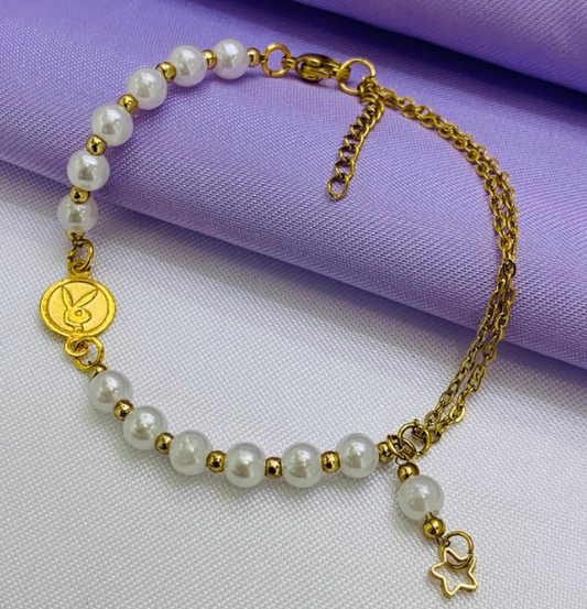 PULSERA ACERO INOXIDABLE PERLA DORADO