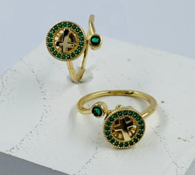 ANILLO RODIO GIRATORIO CRUZ CIRCULAR CIRCON VERDE DORADO