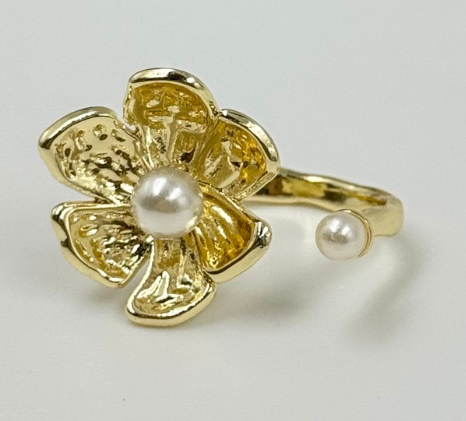ANILLO RODIO FLOR PERLA DORADO