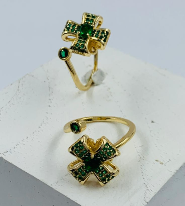 ANILLO RODIO GIRATORIO CRUZ CIRCON VERDE DORADO