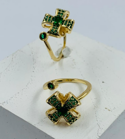 ANILLO RODIO GIRATORIO CRUZ CIRCON VERDE DORADO