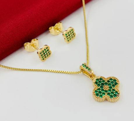 JUEGO RODIO VAN CLEF CIRCON VERDE MACIZO DORADO