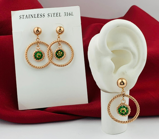 ARETE ACERO INOXIDABLE FILIGRANA ROSA TEJIDO VERDE