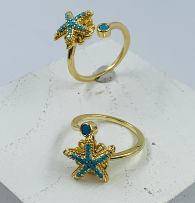 ANILLO RODIO GIRATORIO ESTRELLA CIRCON AZUL DORADO