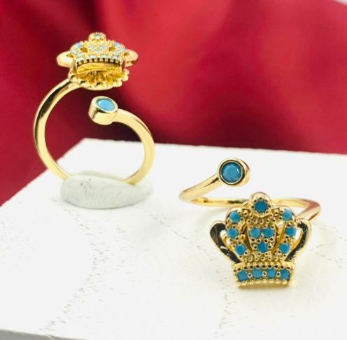 ANILLO RODIO GIRATORIO CORONA CIRCON AZUL DORADO
