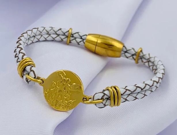 PULSERA CUERO ACERO INOXIDABLE MEDALLA SAN MIGUEL