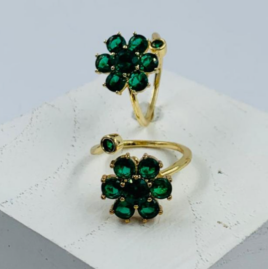 ANILLO RODIO GIRATORIO FLOR CIRCON VERDE DORADO