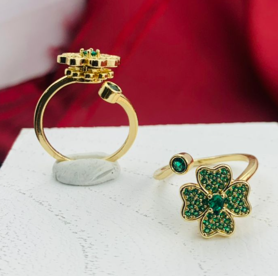 ANILLO RODIO GIRATORIO TREBOL 4 HOJAS CIRCON VERDE DORADO