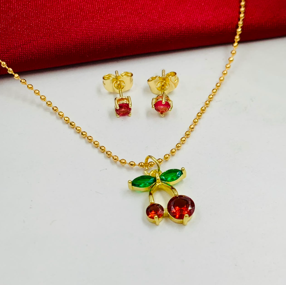 JUEGO RODIO CEREZA CIRCON ROJO VERDE DORADO