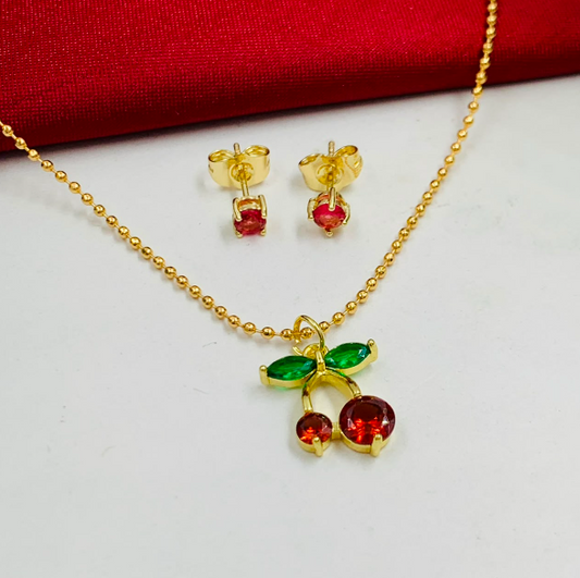 JUEGO RODIO CEREZA CIRCON ROJO VERDE DORADO