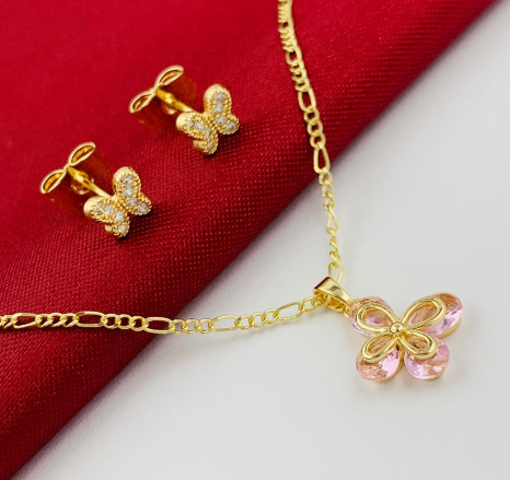 JUEGO RODIO MARIPOSA CIRCON ROSA DORADO