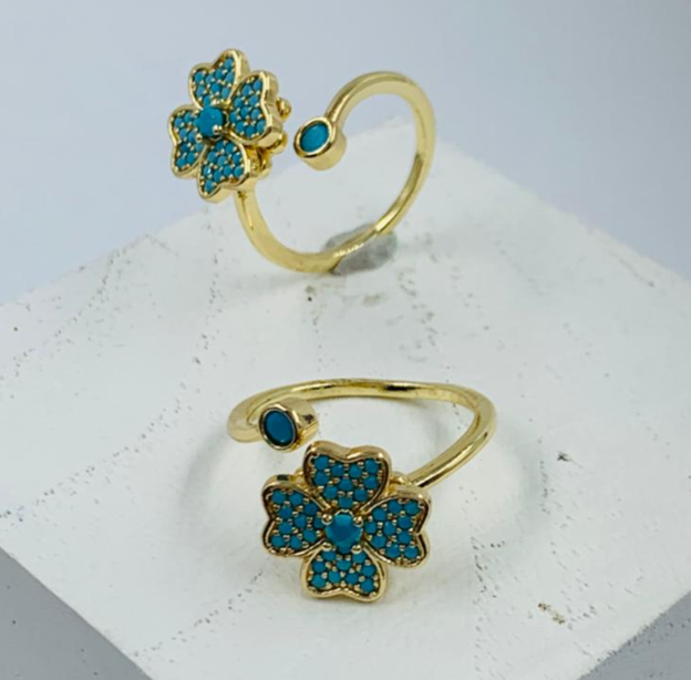 ANILLO RODIO GIRATORIO TREBOL CIRCON AZUL DORADO