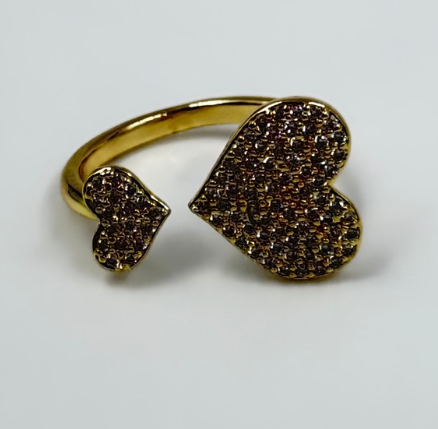 ANILLO RODIO DOBLE CORAZON CIRCON DORADO