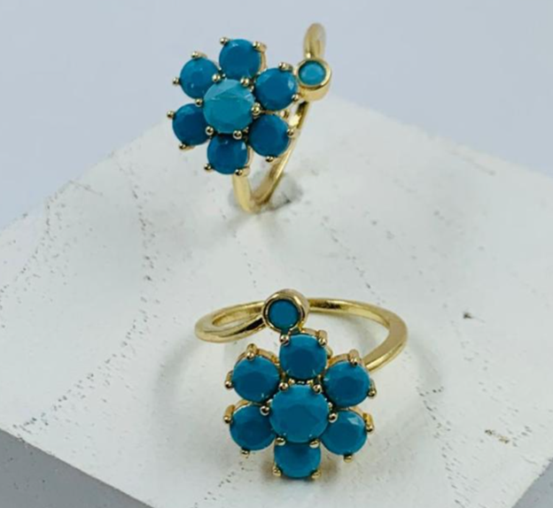 ANILLO RODIO GIRATORIO FLOR CIRCON AZUL DORADO