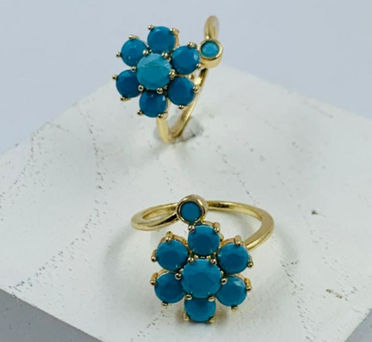 ANILLO RODIO GIRATORIO FLOR CIRCON AZUL DORADO
