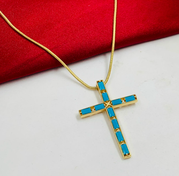 DUO RODIO CRUZ CIRCON AZUL RECTANGULAR DORADO