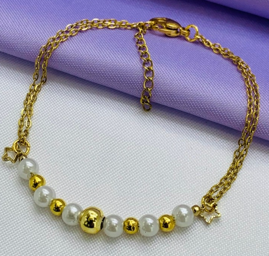 PULSERA ACERO INOXIDABLE PERLA DORADO
