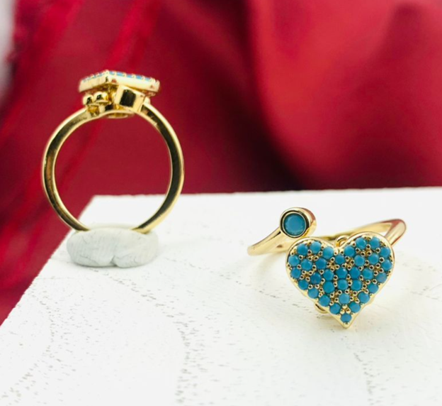 ANILLO RODIO GIRATORIO CORAZON CIRCON AZUL DORADO