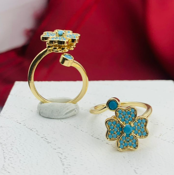ANILLO RODIO GIRATORIO TREBOL 4 HOJAS CIRCON AZUL DORADO