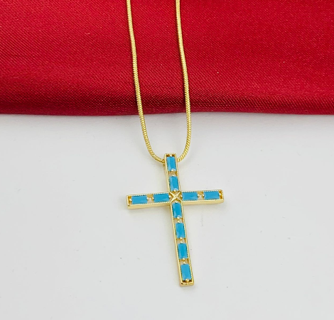 DUO RODIO CRUZ CIRCON AZUL RECTANGULAR DORADO