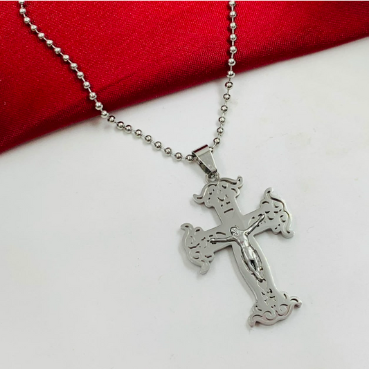 DUO ACERO INOXIDABLE CRUZ JESUS ESQUINAS DISEÑO PLATEADO