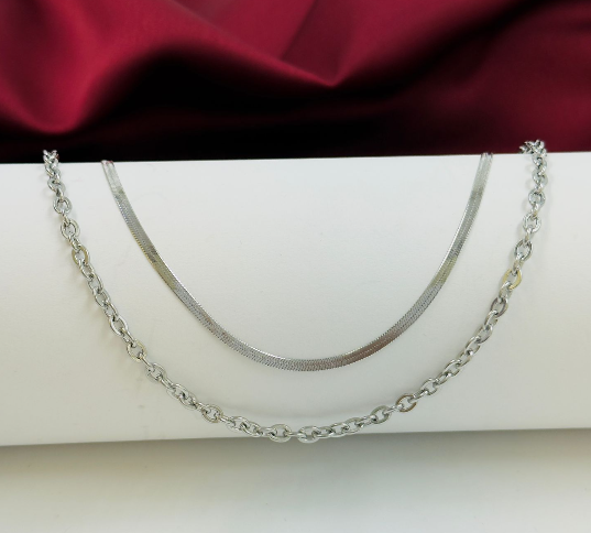 CADENA DOBLE ACERO INOXIDABLE PLANA Y ESLABON DIAMANTADO PLATEADO