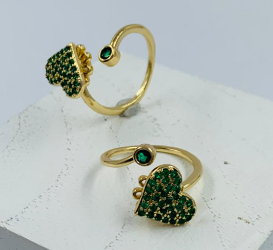 ANILLO RODIO GIRATORIO CORAZON CIRCON VERDE DORADO