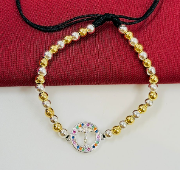 PULSERA RODIO BICOLOR PLATIZADA CRUZ CIRCON COLORES