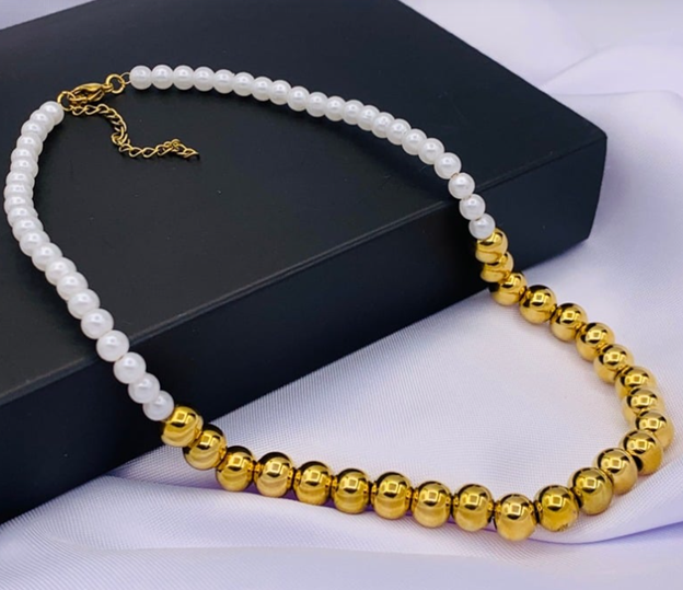 COLLAR PERLA BLANCO DORADO ACERO INOXIDABLE