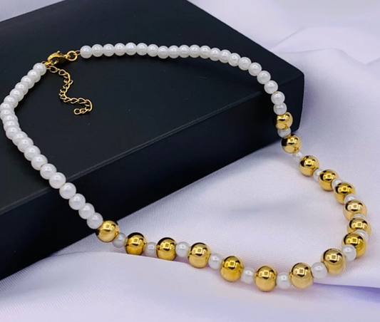 COLLAR PERLA BLANCO DORADO ACERO INOXIDABLE