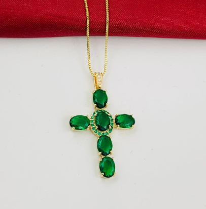DUO RODIO CRUZ CRICON VERDE TIPO ESMERALDA GRANDE DORADO