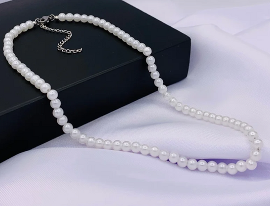 COLLAR PERLA BLANCO PLATEADO ACERO INOXIDABLE