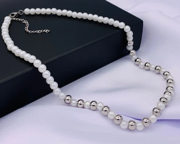 COLLAR PERLA PLATEADO BLANCO ACERO INOXIDABLE