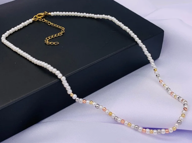 COLLAR PERLA 3 OROS ACERO INOXIDABLE